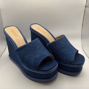 SCHUTZ Denim Blue Platform Wedge Slides